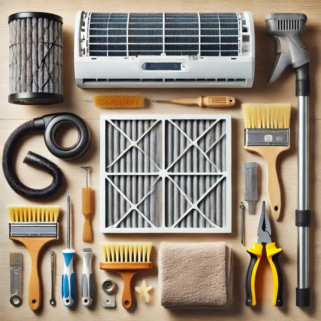 "Various tools laid out for cleaning an air conditioner filter, including a vacuum cleaner, soft brush, towel, and screwdriver."