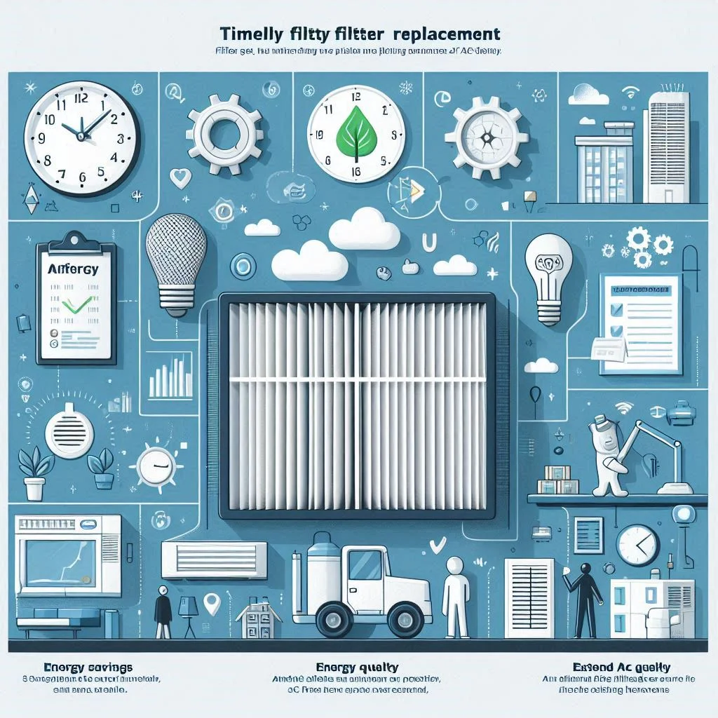 An infographic illustrating the benefits of timely filter replacement: energy savings, improved air quality, and extended AC lifespan.