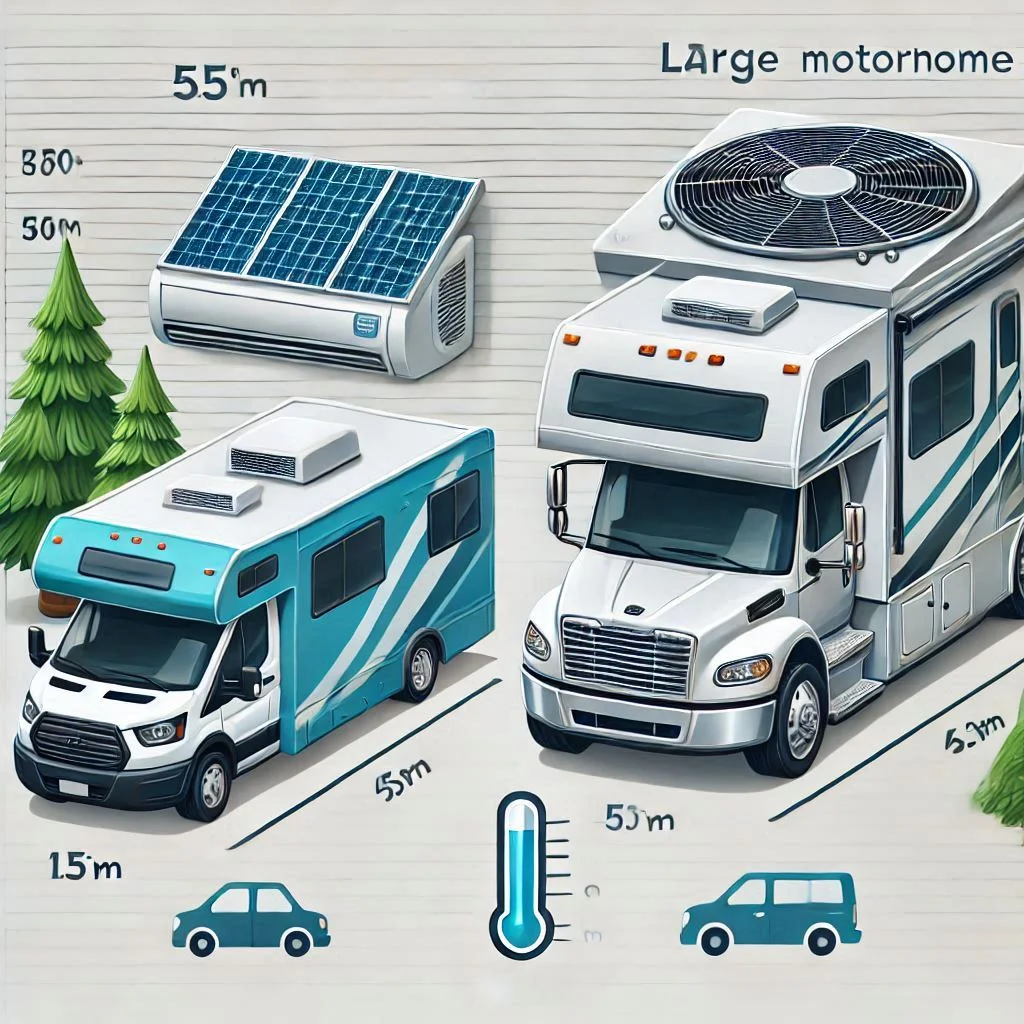 "A comparison image of a small RV and a large motorhome, highlighting the different AC unit sizes required for each, with their respective wattage consumption."