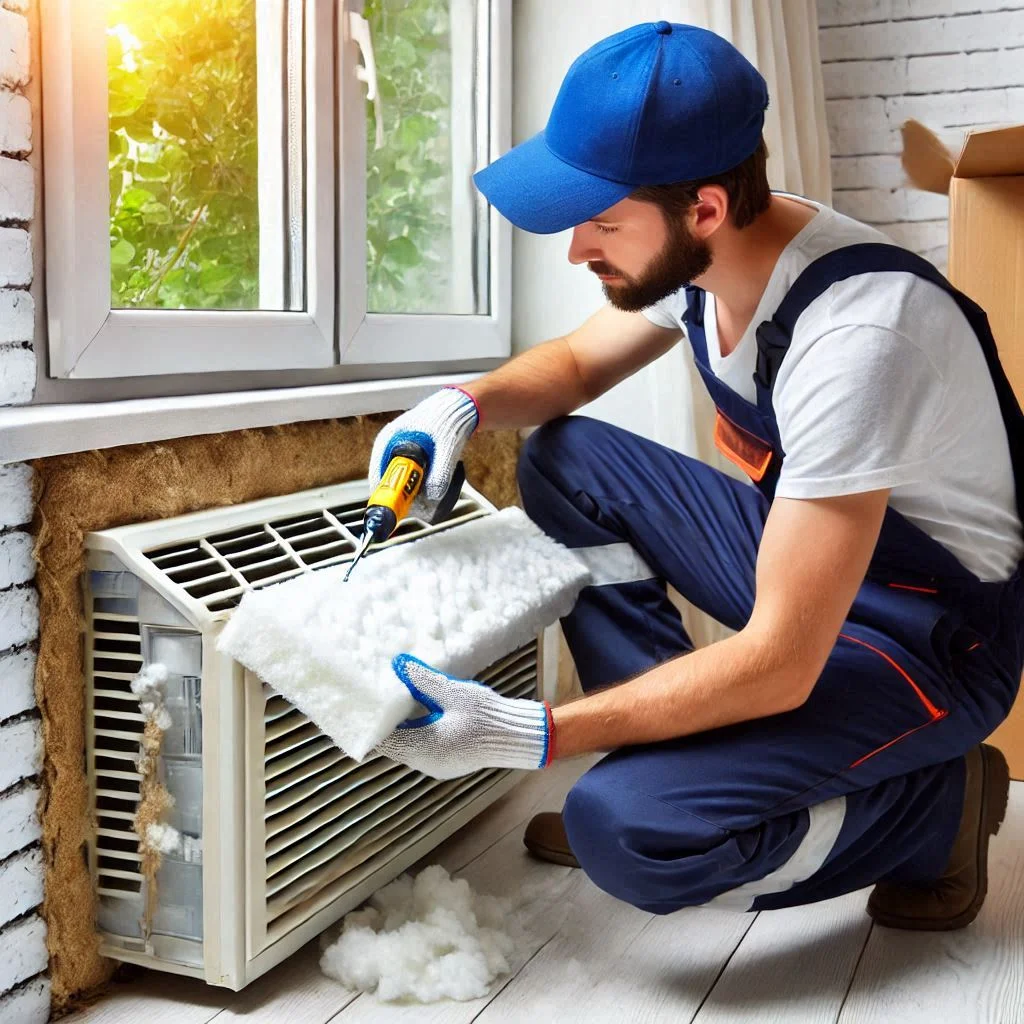 "An image of someone carefully applying new foam insulation to a window air conditioner, replacing old or damaged foam."