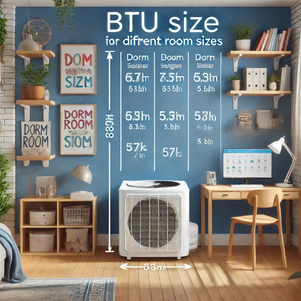 "Diagram showing the recommended BTU size for different room sizes, with a focus on dorm room cooling needs."