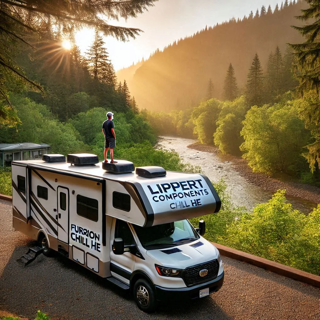 A shot of the Lippert Components Furrion Chill HE on the RV roof, with the RV parked in a scenic camping location surrounded by trees.