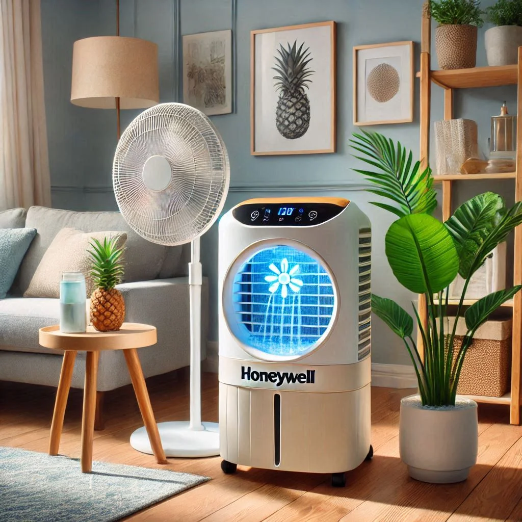 "Honeywell Portable Evaporative Cooler with Fan in a small living room, highlighting its eco-friendly water cooling feature."