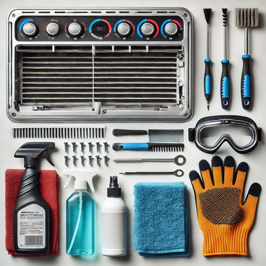 A flat lay of tools required for cleaning an RV air conditioner, including a brush, screwdriver set, fin comb, detergent spray bottle, microfiber cloths, and safety gear like gloves and goggles.