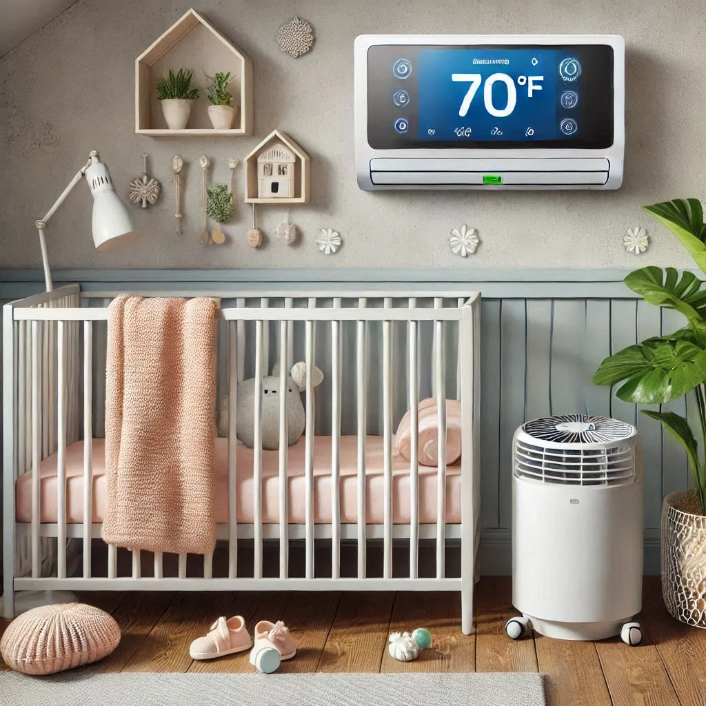 A cozy nursery with a crib, a digital thermostat on the wall showing 70°F, and an air conditioner placed strategically for balanced airflow.