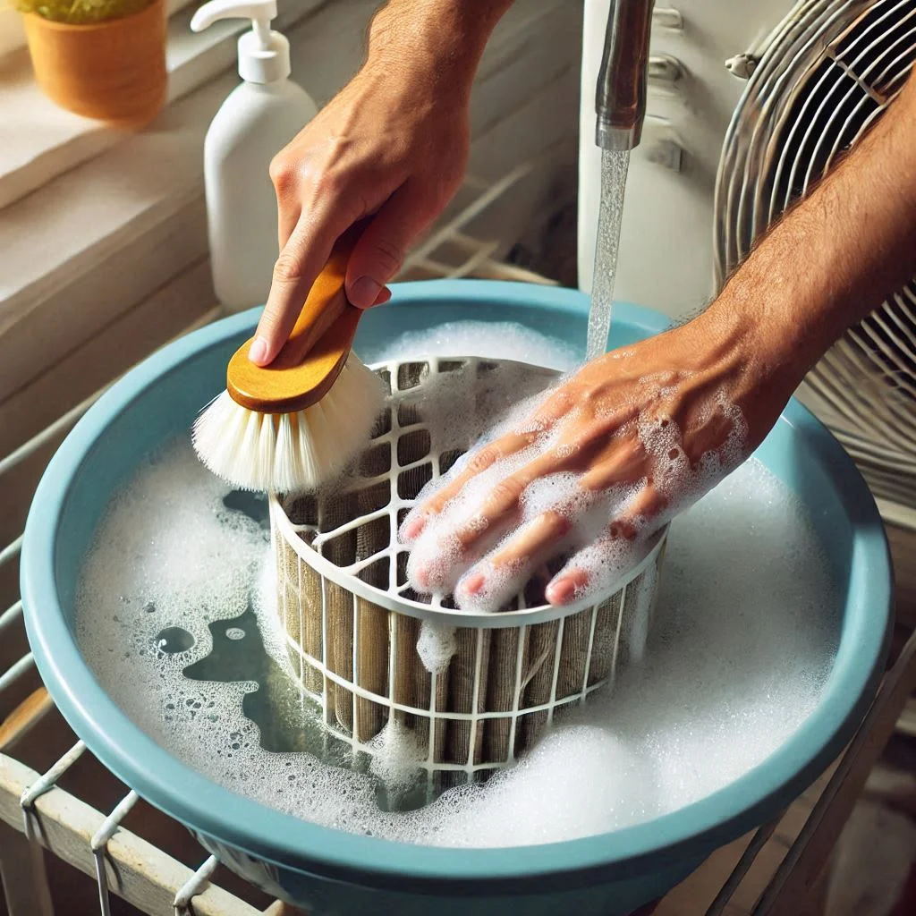 "Image showing a person washing an air conditioner filter in a basin of warm water with mild soap, scrubbing it gently with a soft brush."