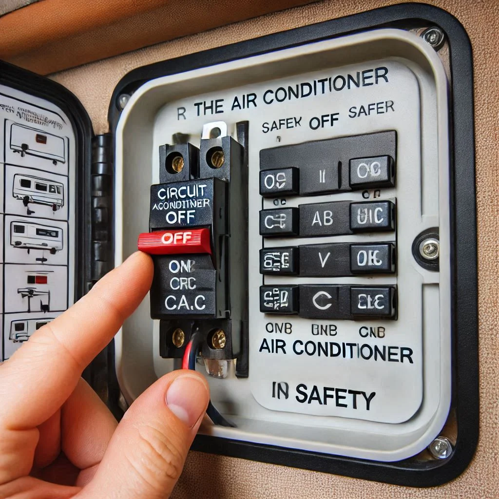 A close-up photo of an RV electrical panel with a circuit breaker clearly marked for the air conditioner. The image should show the breaker being switched off, emphasizing safety in the removal process.