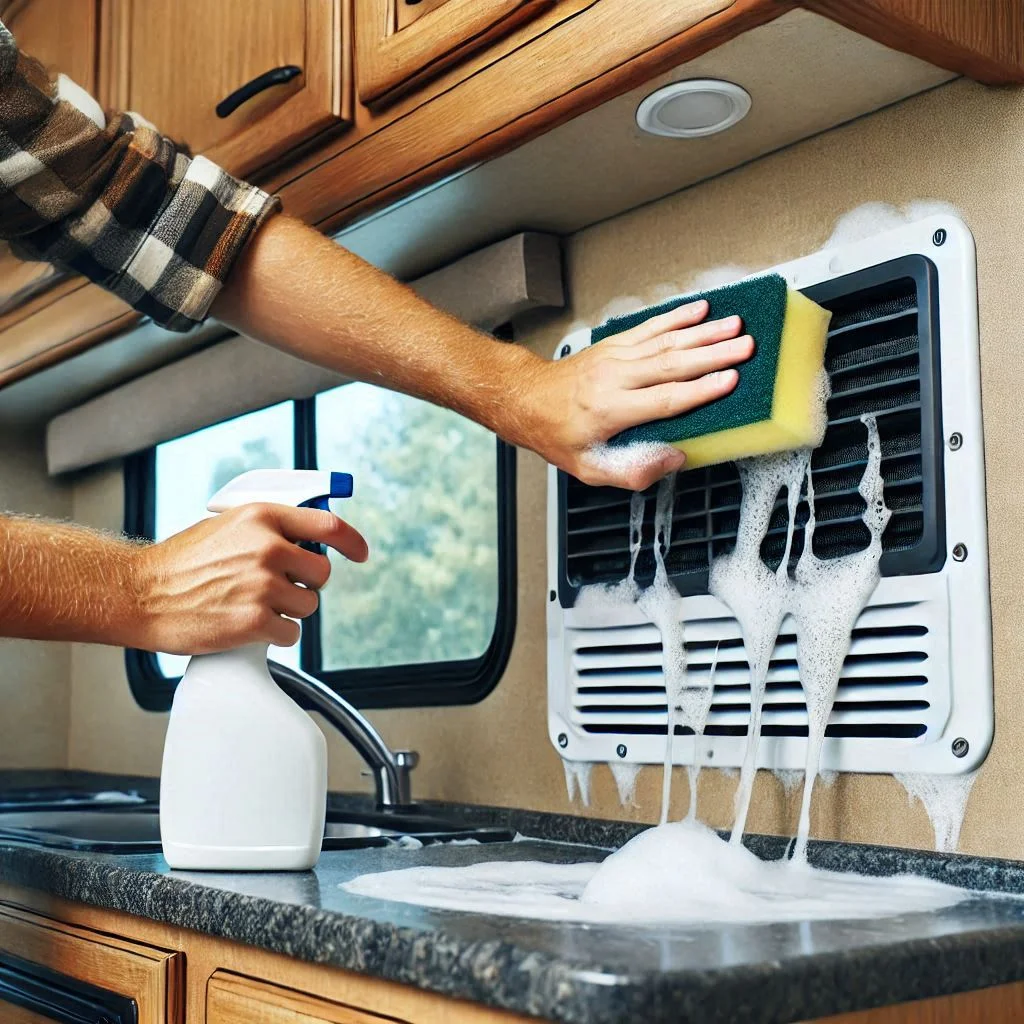 A person cleaning the RV air conditioner shroud with a sponge and soapy water, showcasing the cleaning process.