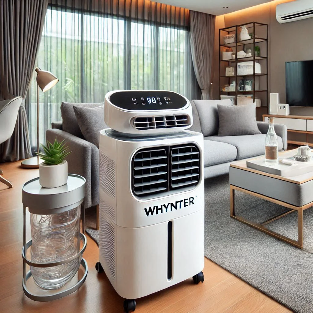 "Whynter Dual Hose Portable Air Conditioner in a living room with a modern design, focusing on the dual hose system."