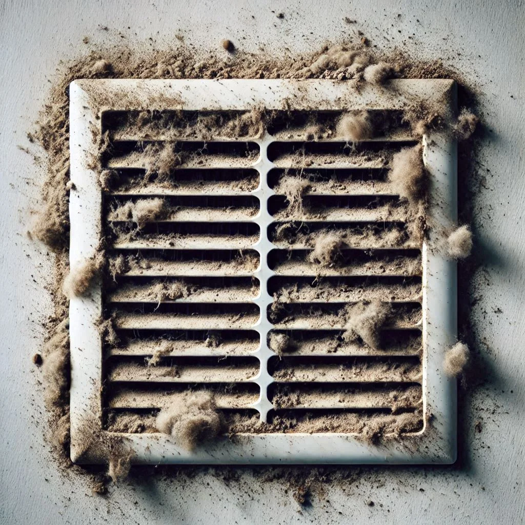 A close-up of a vent with visible dust accumulation and debris lodged in the grilles.