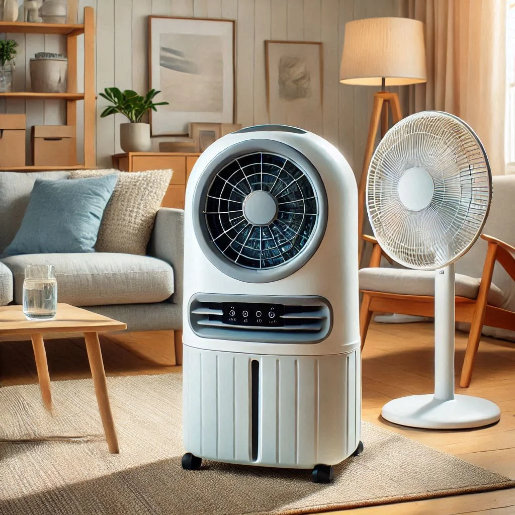 "Honeywell Portable Evaporative Cooler with Fan in a modern living room, showcasing the water tank and fan function."