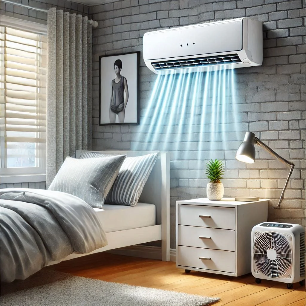 "Image of a portable air conditioner cooling a dorm room with a compact, sleek design placed by a window."