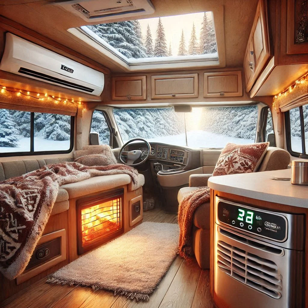 "An RV parked in a snowy winter landscape, showing the interior with a cozy, heated environment powered by a 12V air conditioner."