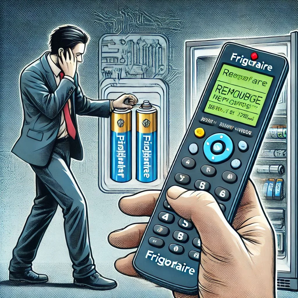 A Frigidaire remote control with a malfunctioning display, showing a blank or distorted screen, with a person replacing the batteries.