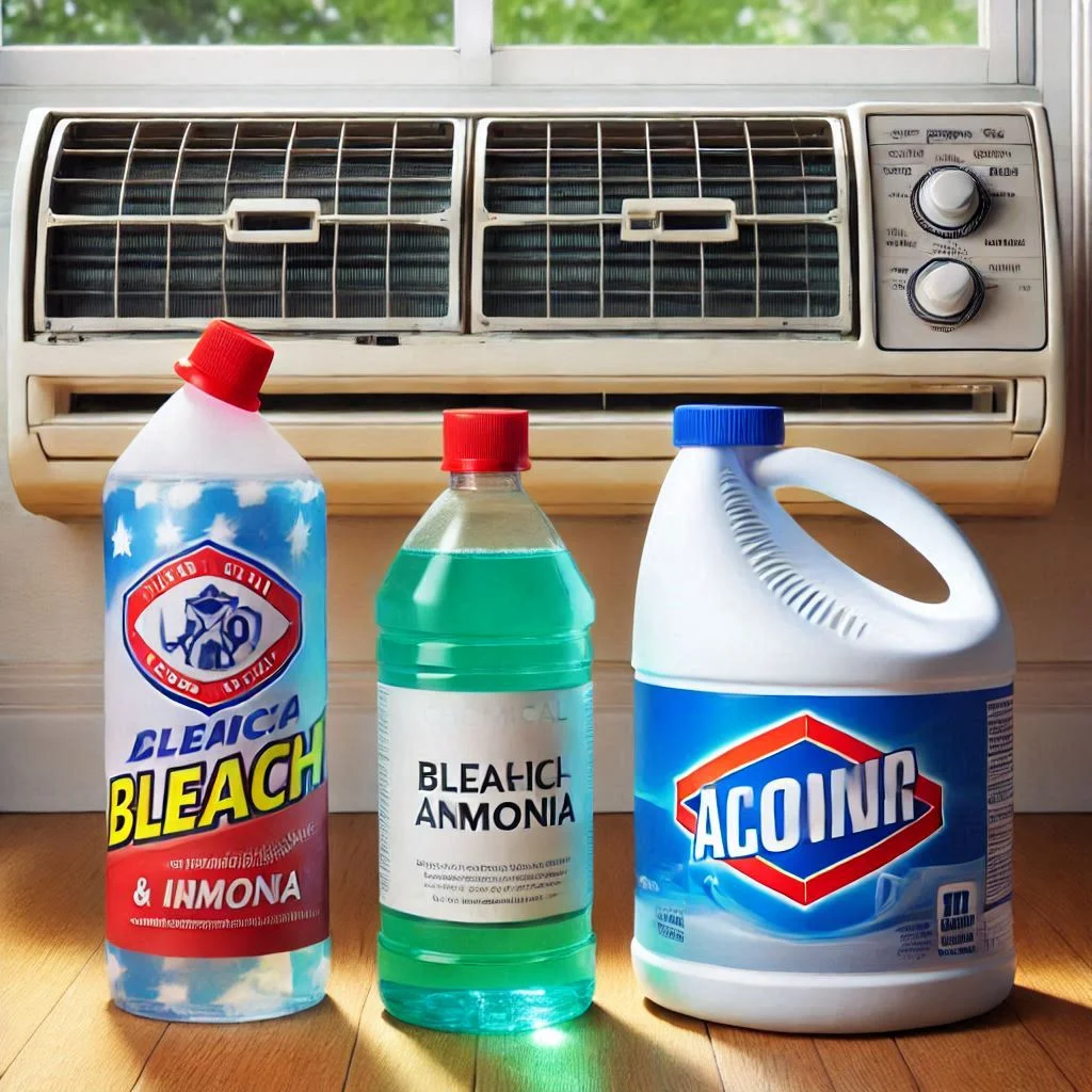 "An image of chemical-based cleaners, such as bleach and ammonia, next to a window air conditioner, illustrating the use of these cleaning solutions."