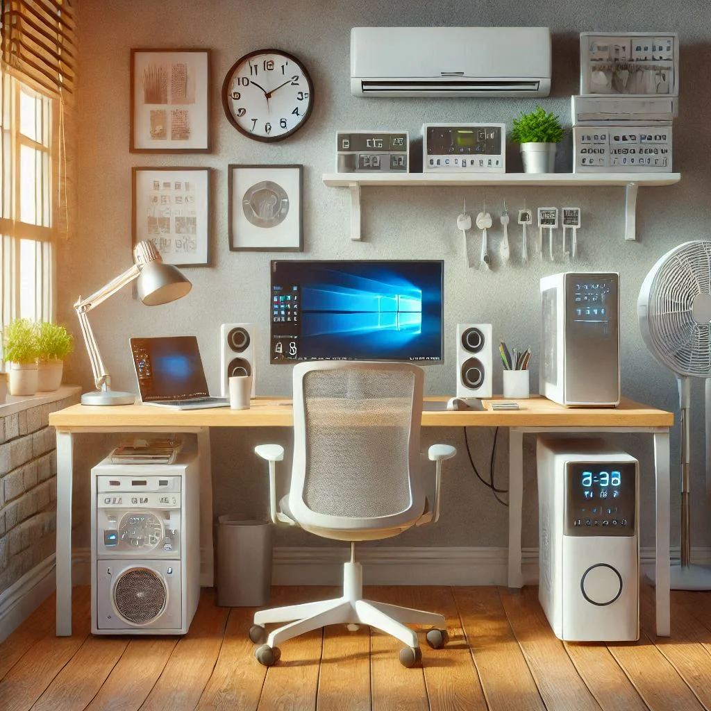 "A desk with electronics turned off, with a focus on cooling down the room by reducing heat-producing devices."