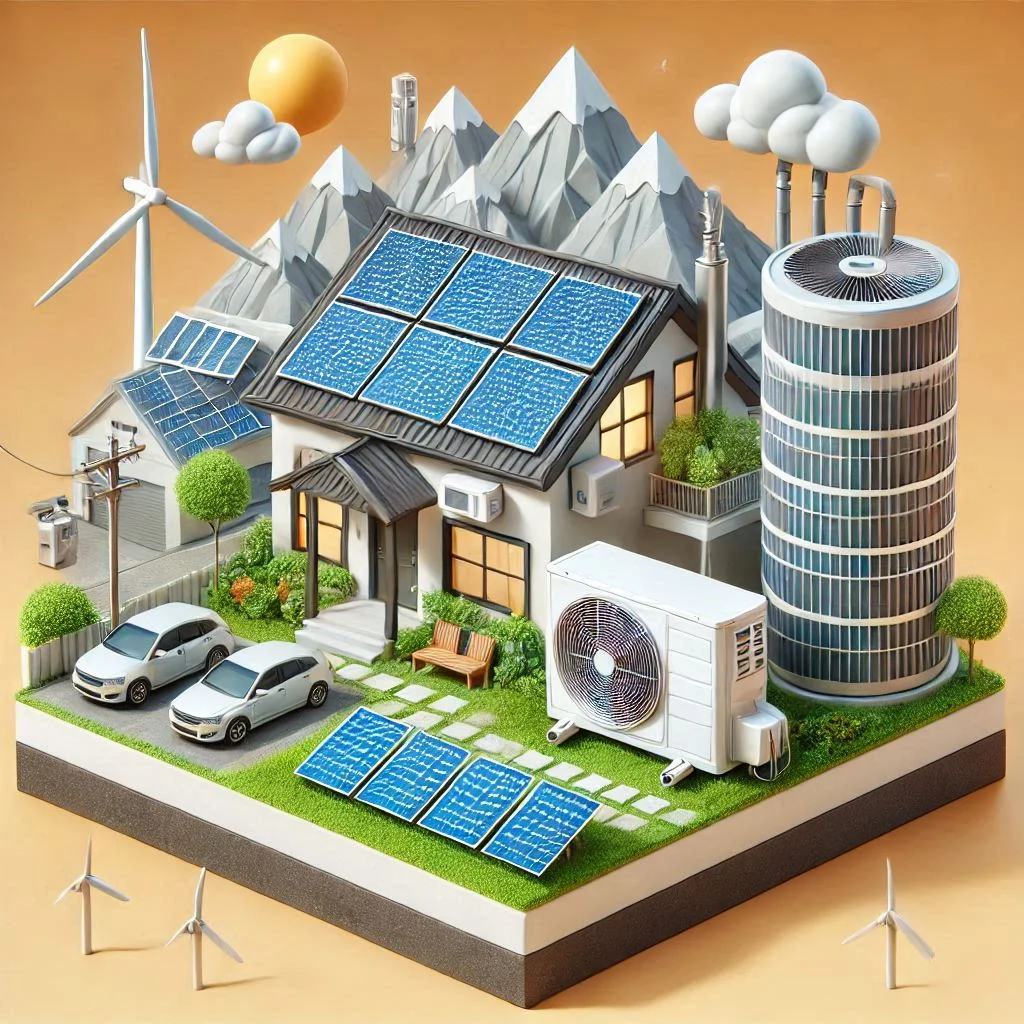 "Illustration of a standalone off-grid solar system powering an air conditioning unit with solar panels and battery storage."