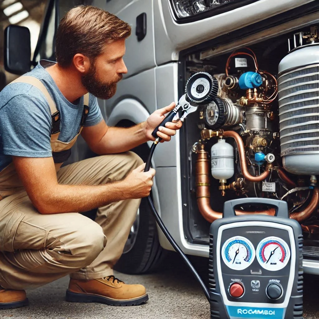 Close-up of a technician inspecting an RV air conditioning system for Freon leaks, with a tool for checking refrigerant pressure in the background.