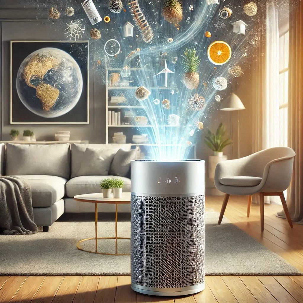 "Image of an air purifier with visible airflow in a living room setting, showing the filtration process with clean air being released and pollutants being captured."