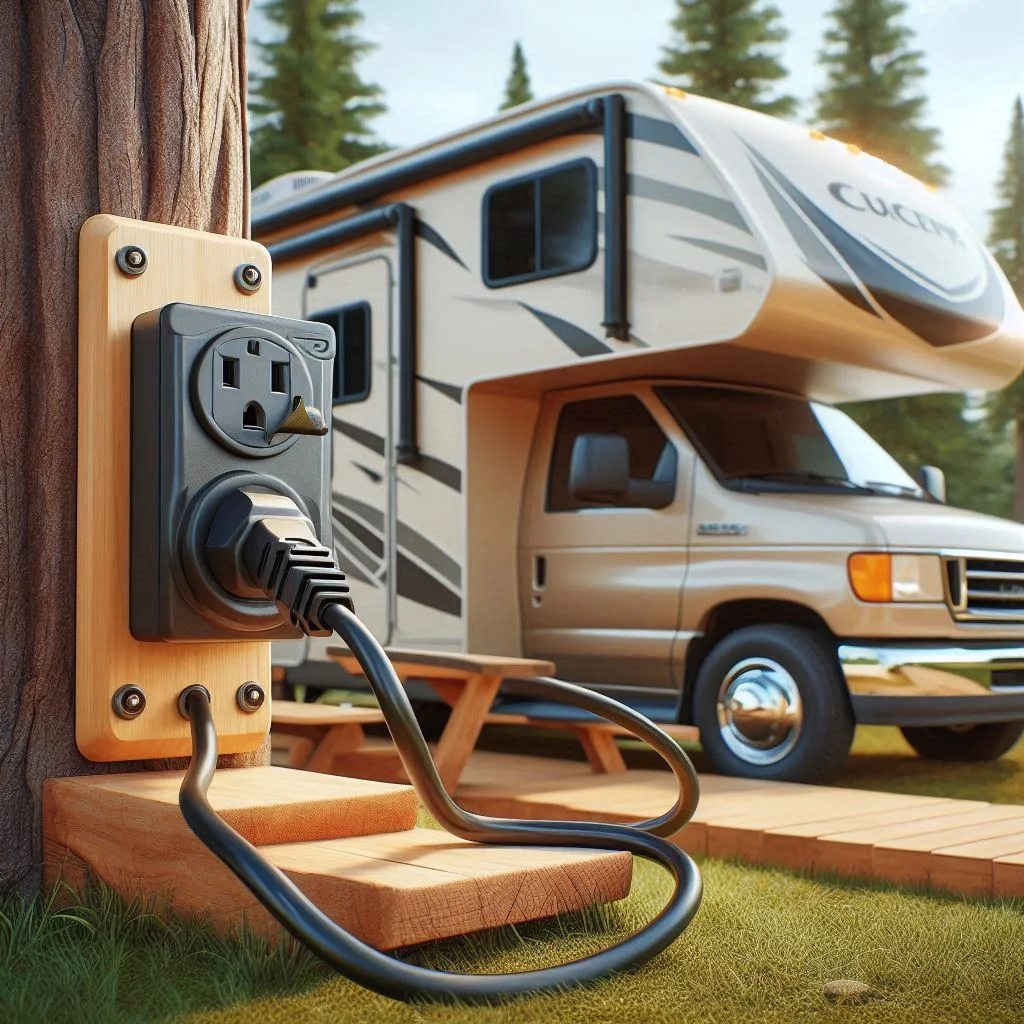 A campground power hookup with an RV plugged in, emphasizing potential surge protectors or power issues.