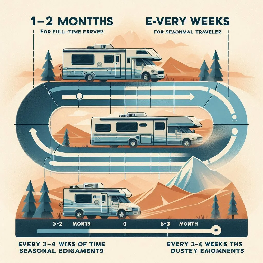 A timeline graphic showing “1-2 months” for full-time RVers, “Start and End of Season” for seasonal travelers, and “Every 3-4 weeks” for dusty environments.