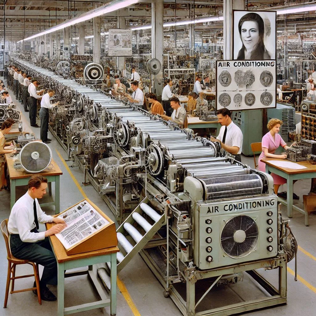 A 1960s air conditioning factory assembly line, showcasing the advancements in manufacturing technology that made air conditioners more affordable for the average homeowner.