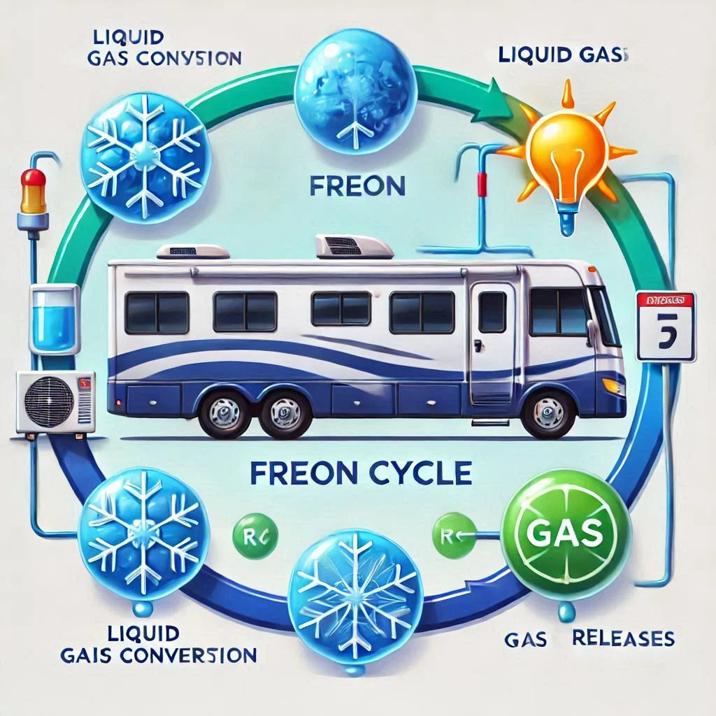 Illustration showing the Freon cycle in an RV air conditioning system, including the phases of liquid and gas conversion as it absorbs and releases heat.