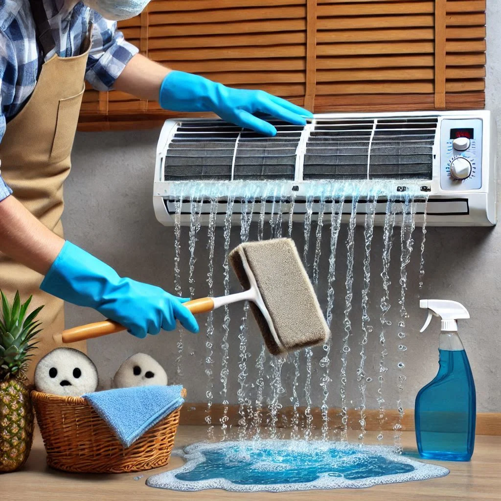 "A person cleaning a window air conditioner filter under running water, scrubbing away dust, dirt, and mold."