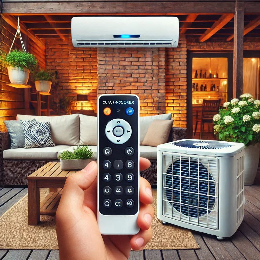 Generate an image of the BLACK+DECKER BPACT10WT air conditioner installed on a cozy patio, with the remote control in the foreground, showing ease of use.