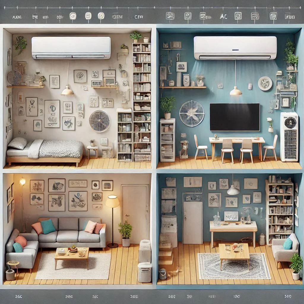 "Visual comparison showing a portable air conditioner in a small room and a central AC system in a large open-plan space, with annotations on room sizes and unit placement."