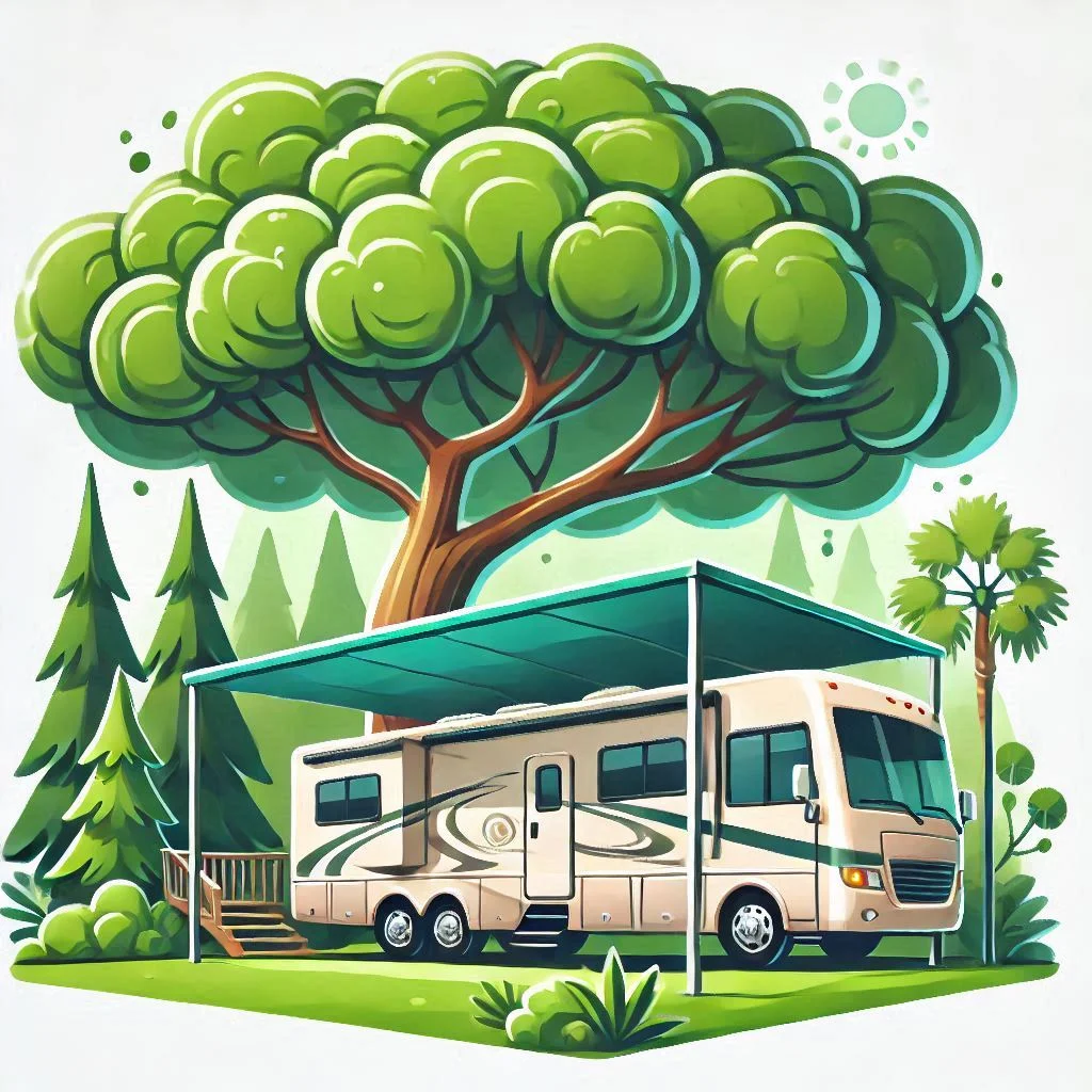 "An RV parked under a large tree with a canopy providing shade, keeping the interior cool. The RV is in a green environment, showcasing the importance of parking in the shade."