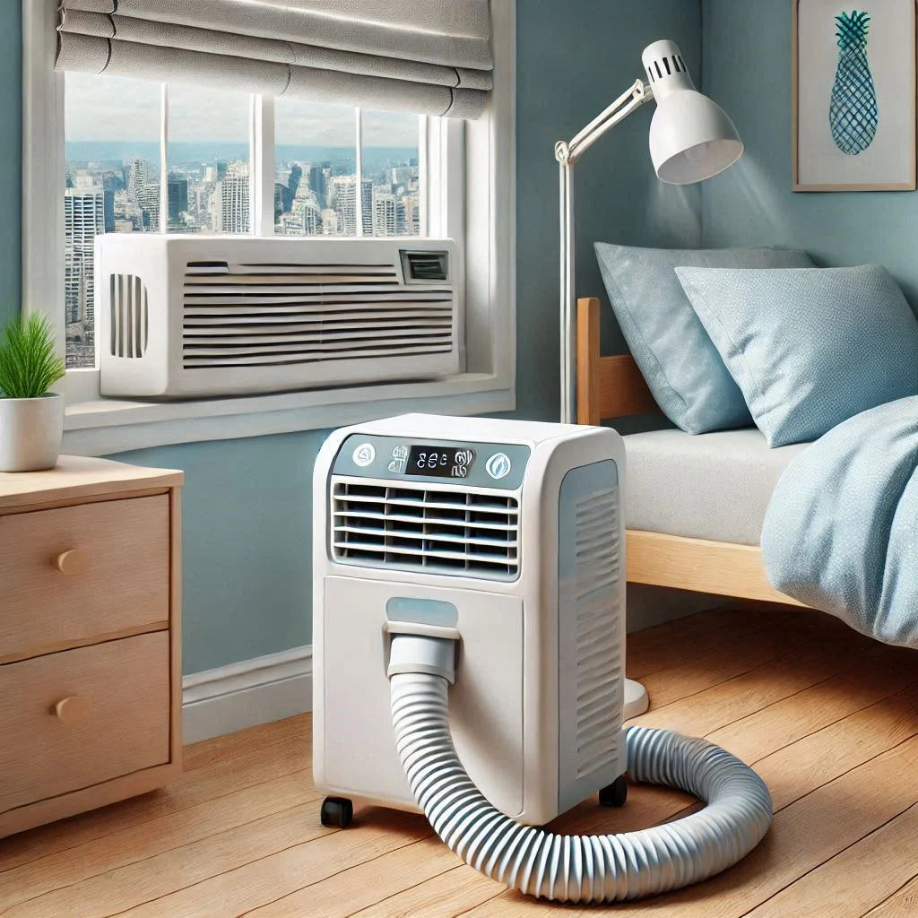 "Image of a portable air conditioner cooling a dorm room with the vent hose connected to a window, showing its energy-efficient cooling capabilities."