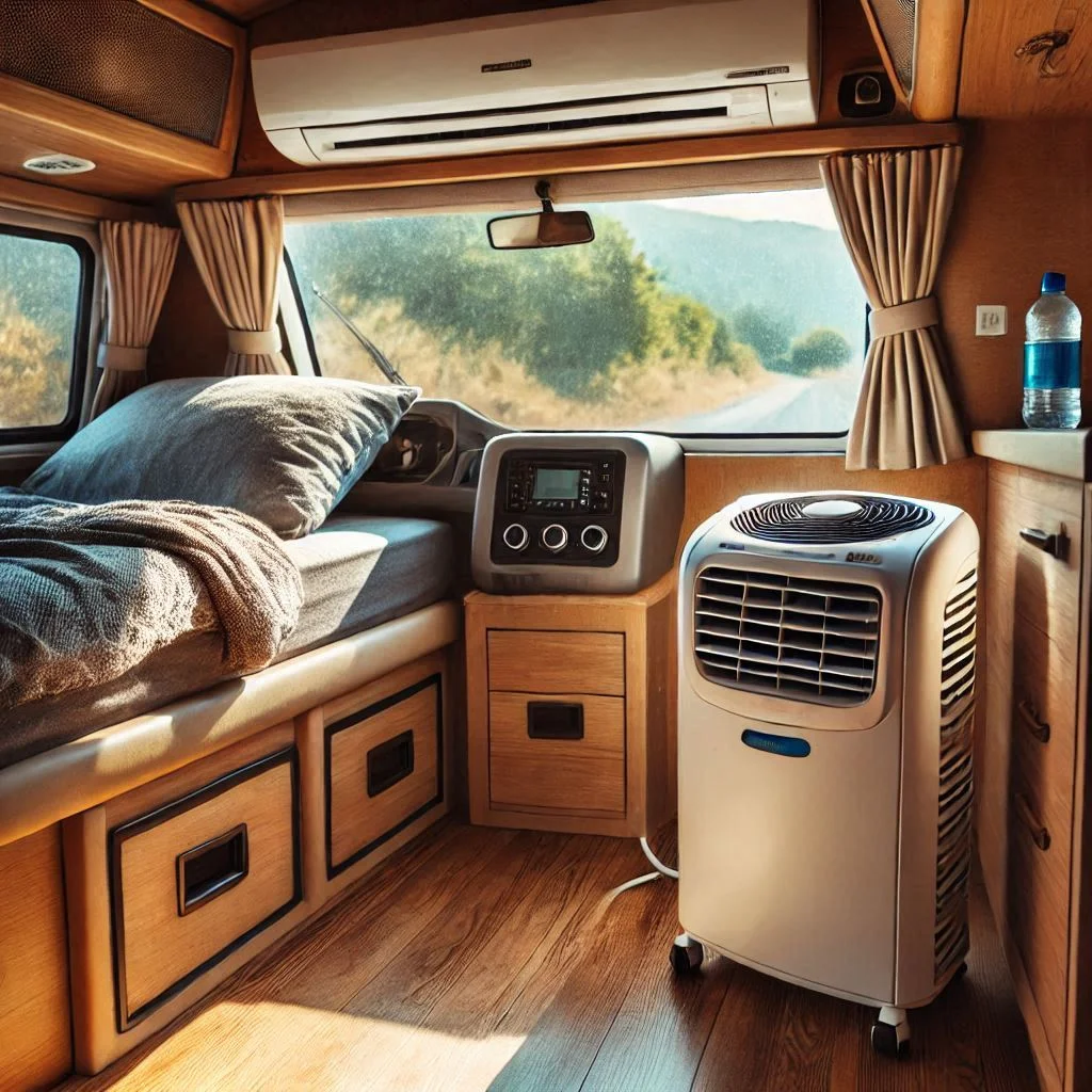 A camper van interior with a portable air conditioner set up near a window, cooling the space on a sunny day.