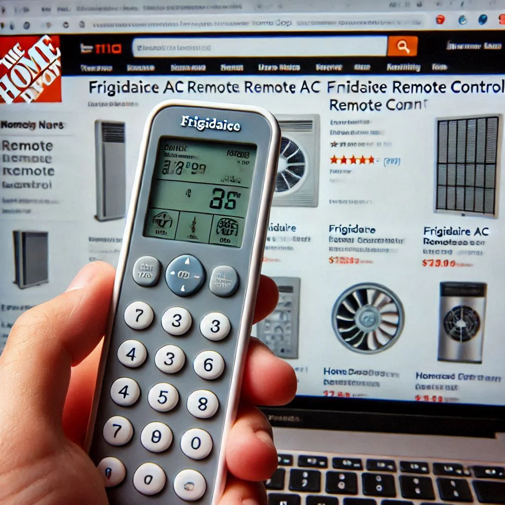 A close-up of a Frigidaire AC remote control’s model number being checked on the back of the remote, with a Home Depot website page open showing matching parts.