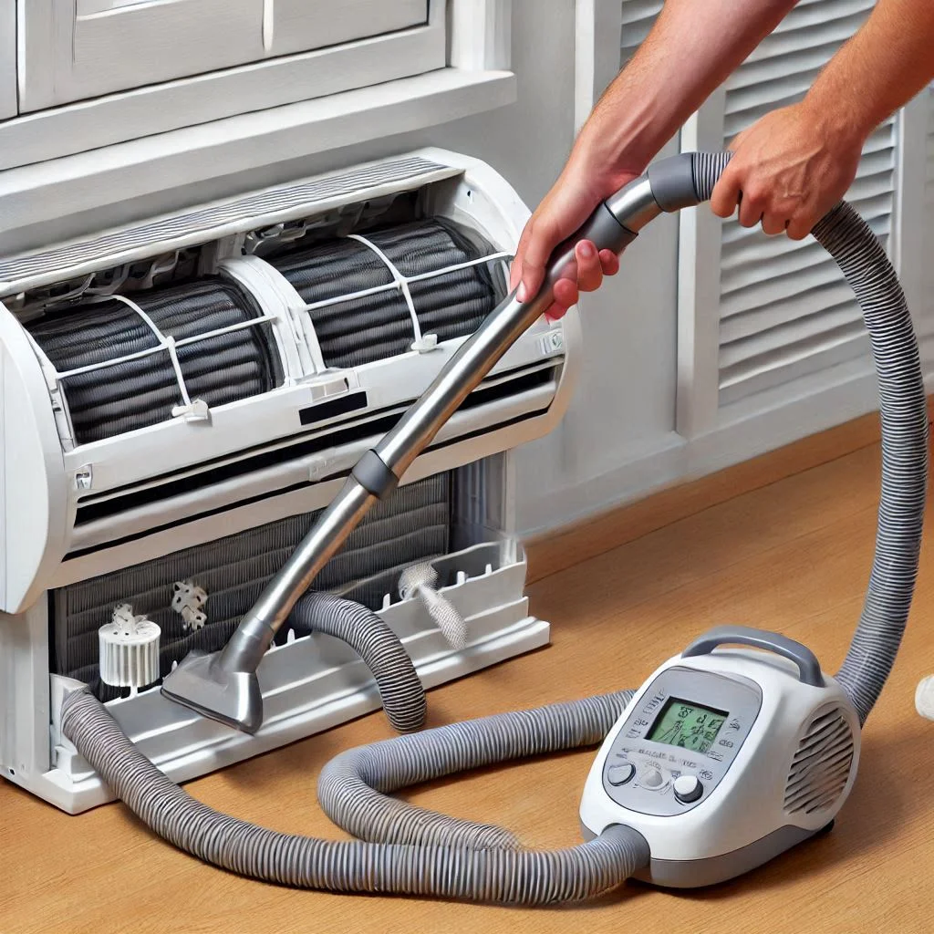 "A vacuum cleaner with a hose attachment being used to clean the interior components of a window air conditioner, such as the cooling coils and vents."