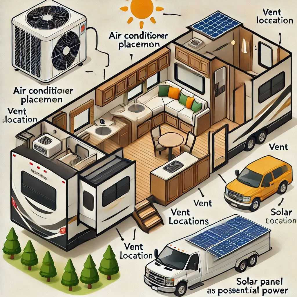 "An image illustrating the layout of an RV, with emphasis on air conditioner placement, vent locations, and the impact of these factors on wattage consumption. Include a generator and solar panel as potential power sources."