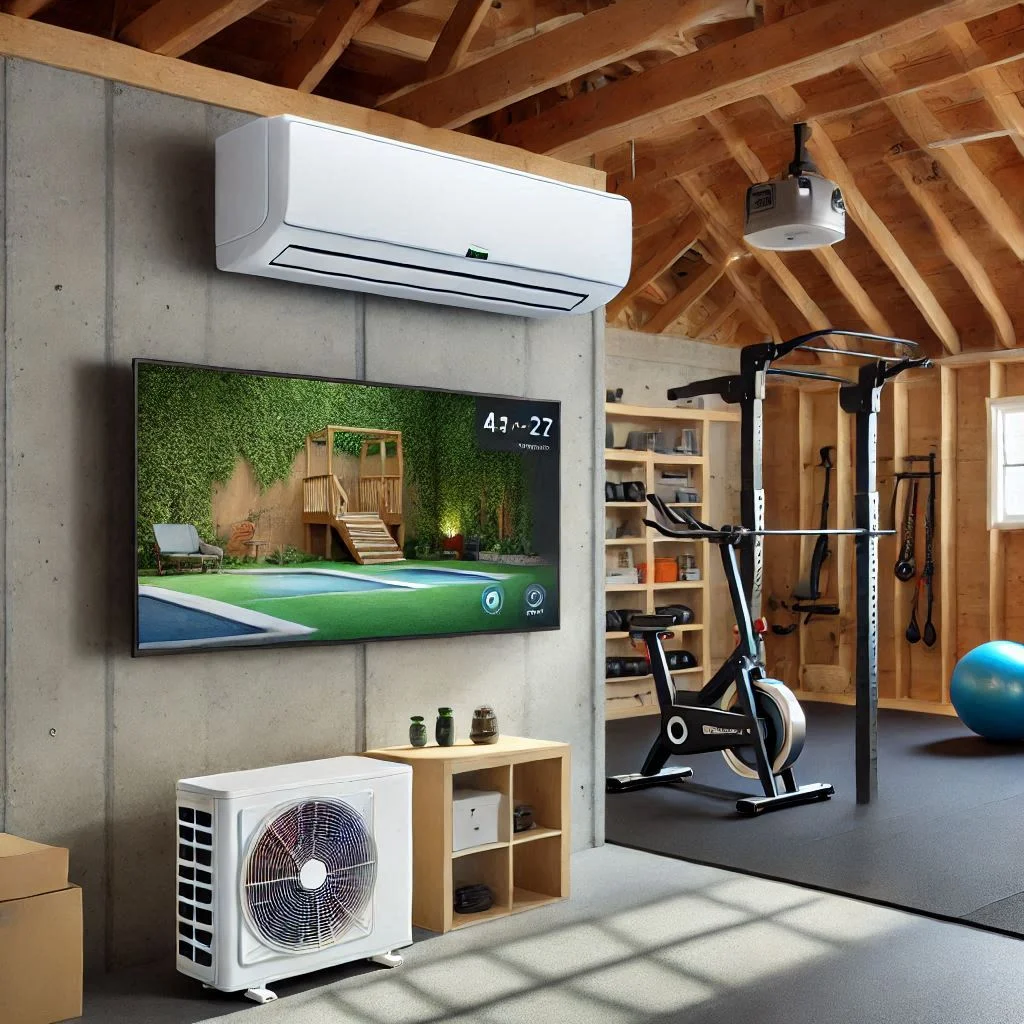 A ductless mini-split air conditioner installed in a garage gym, with the indoor unit mounted on the wall and the outdoor unit visible outside.