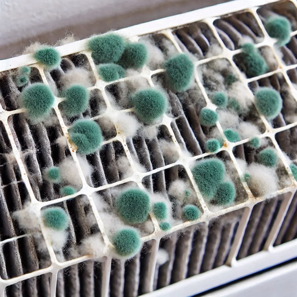 A close-up of a moldy air conditioner filter, with visible greenish-black mold spots, indicating the health risks associated with mold growth in AC units.