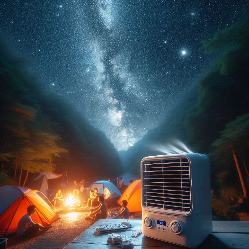 "A Zero Breeze Mark 2 unit placed on a table outdoors, cooling a small group of campers under a starry sky."