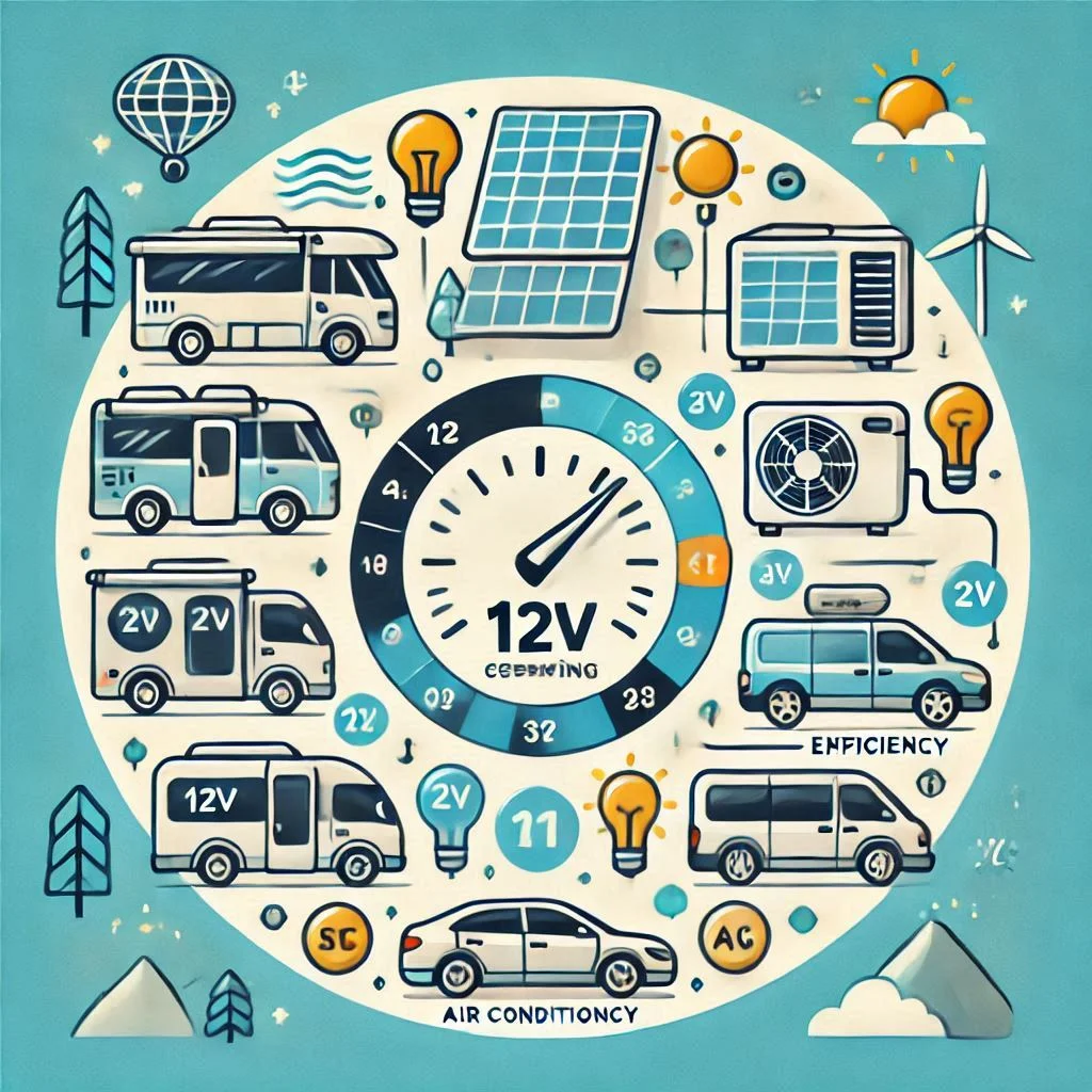 "An infographic showing the power consumption of different 12V RV air conditioners with icons for energy usage and efficiency."