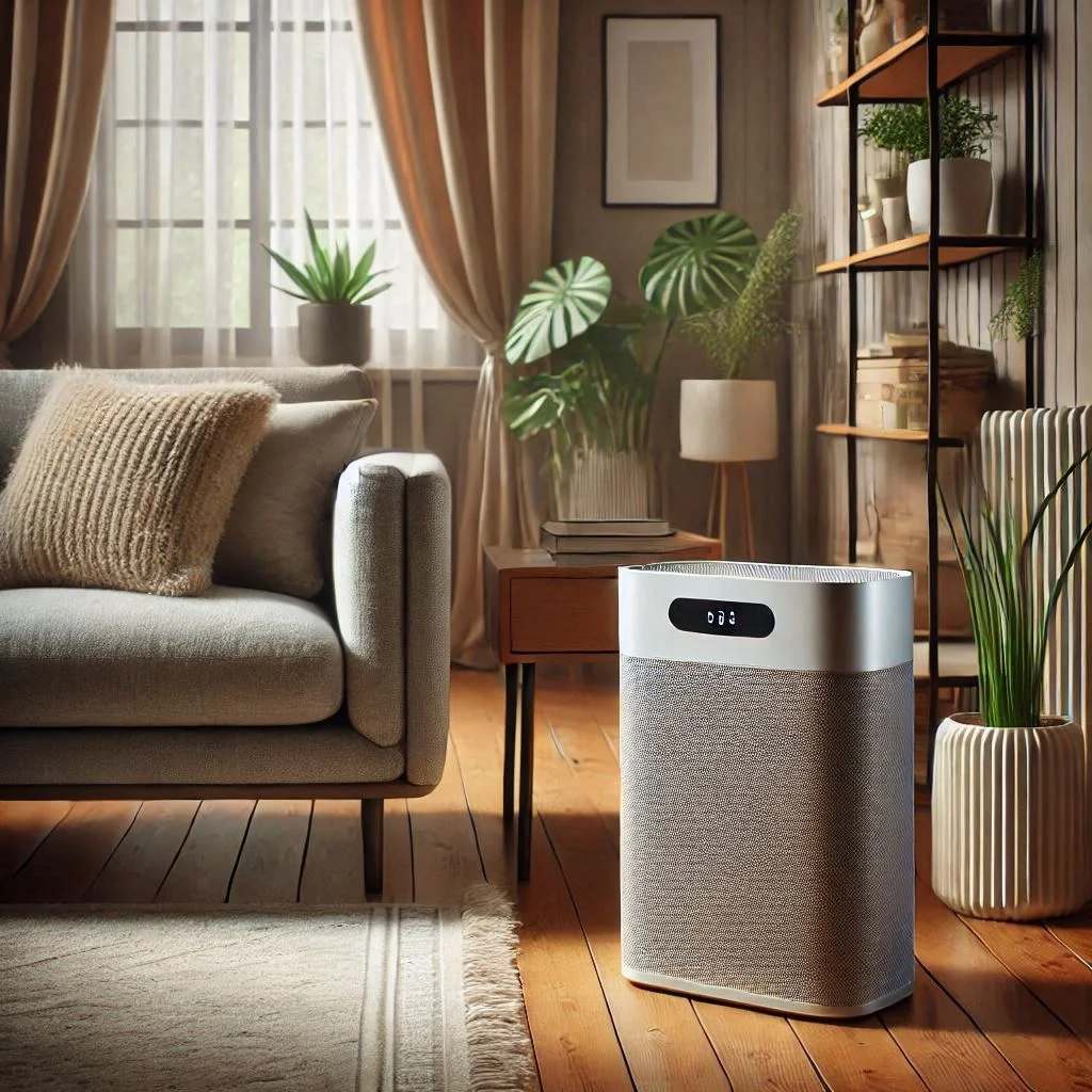 A sleek air purifier placed in a cozy living room setting, showcasing its placement for optimal air cleaning.