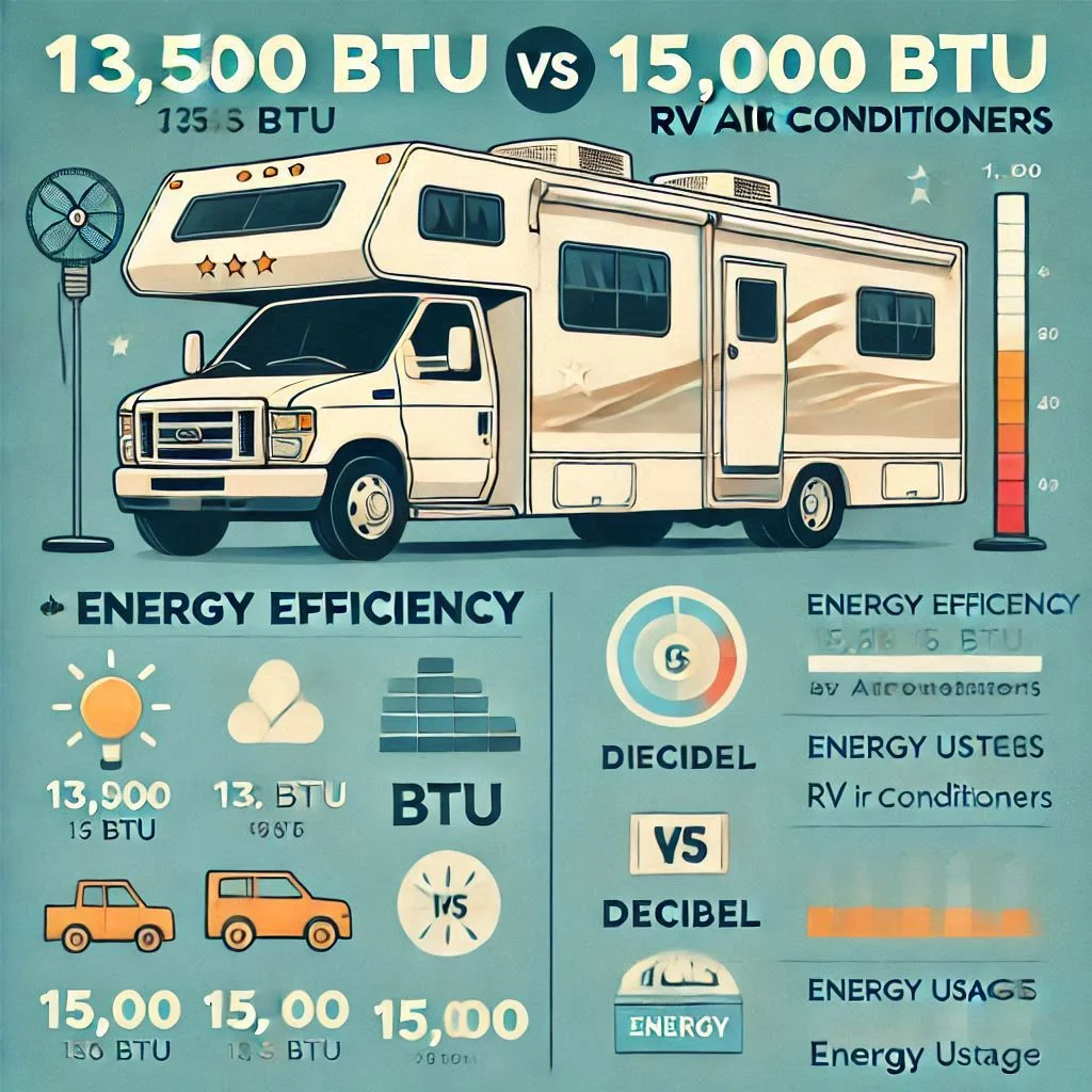 An infographic comparing the energy efficiency and noise levels of 13,500 BTU vs 15,000 BTU RV air conditioners, with decibel ratings and energy usage details.