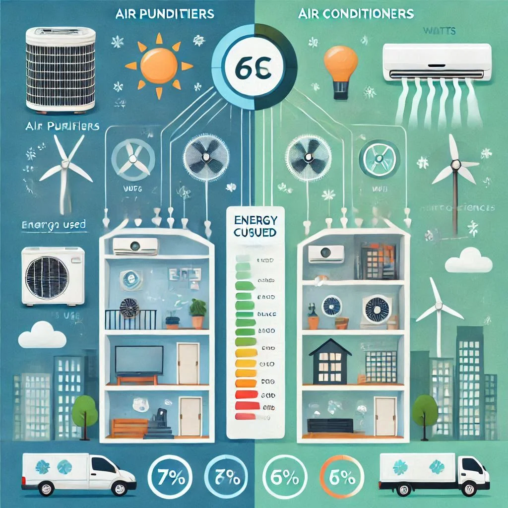 "Infographic comparing the energy consumption of air purifiers and air conditioners, with a focus on watts used, maintenance costs, and efficiency ratings for both devices."