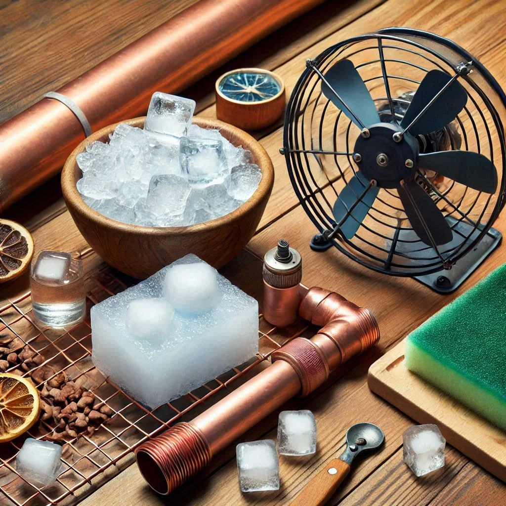 "A close-up image of the materials for building a DIY camping air conditioner: a fan, copper tubing, ice, and a sponge."