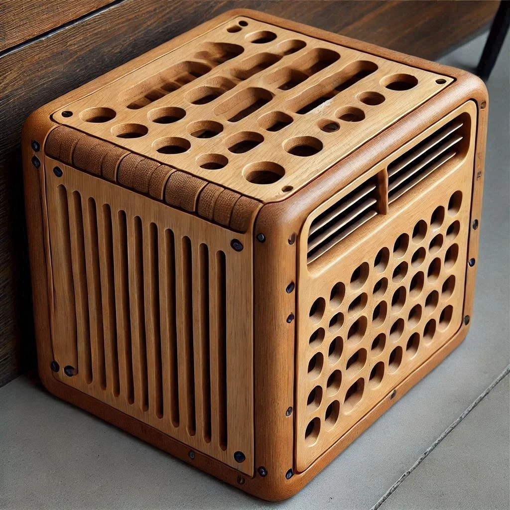 A wooden AC cover with small drainage holes at the base to prevent water buildup.