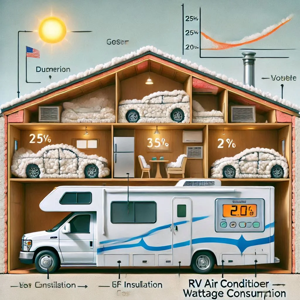 "Diagram showing the effect of insulation on RV air conditioner wattage consumption"