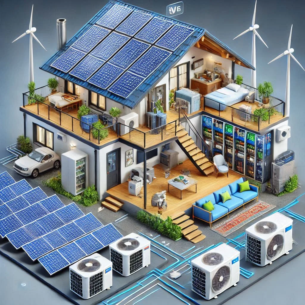 "Visual representation of an off-grid solar system setup, showing the solar panels, inverter, and battery storage system powering an air conditioner."