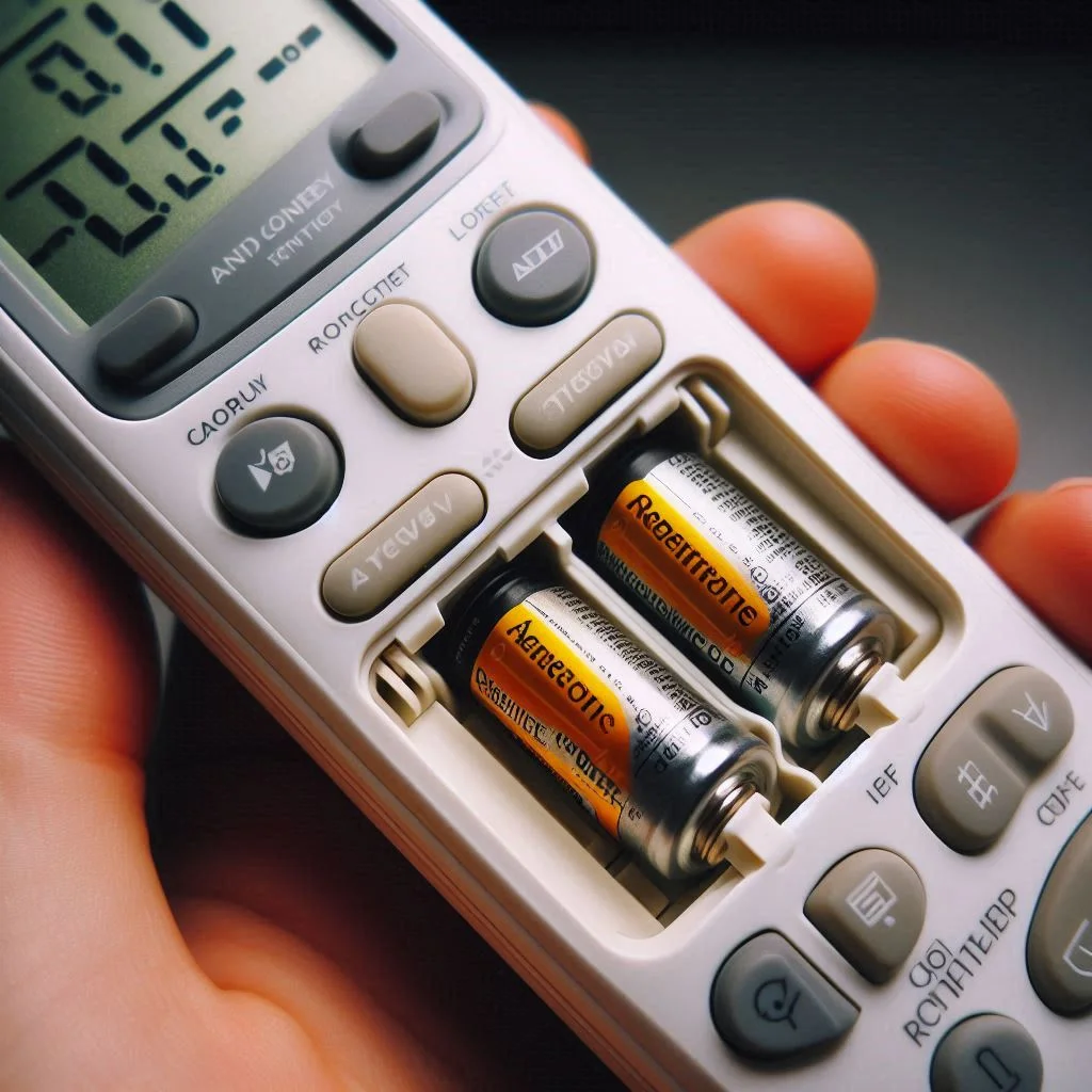 A close-up of a Frigidaire air conditioner remote with visible low batteries, showing the battery compartment.