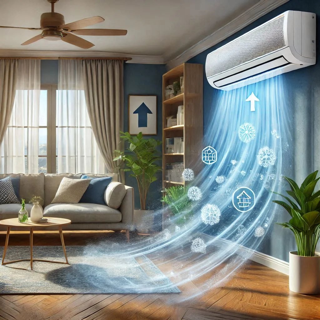 "Image showing an air conditioner in action with cool air circulating in a living room. Include a visual of dehumidification, with moisture being removed from the air and a comfortable environment."