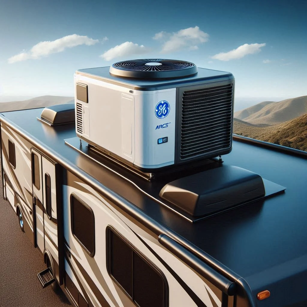 "A sleek and compact GE® ARC15 RV Rooftop Air Conditioner installed on the roof of a recreational vehicle under a clear blue sky, highlighting its modern design and seamless integration with the RV."